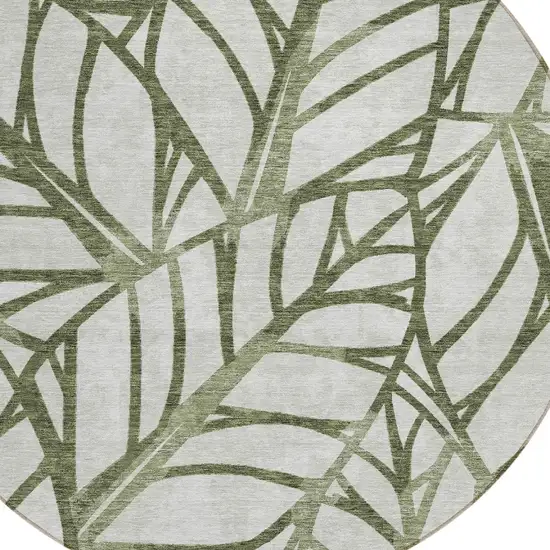 8' Olive Green And Beige Round Floral Washable Indoor Outdoor Area Rug Photo 4