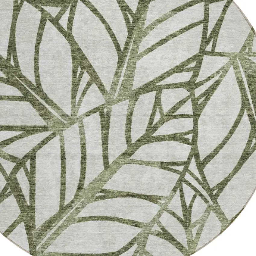 8' Olive Green And Beige Round Floral Washable Indoor Outdoor Area Rug Photo 4