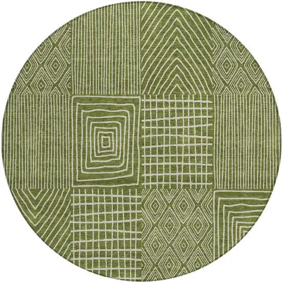 8' Olive Green And Beige Round Geometric Washable Indoor Outdoor Area Rug Photo 6