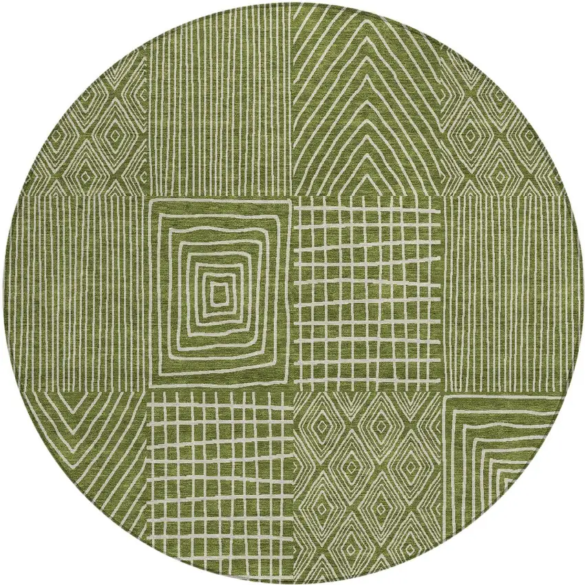 8' Olive Green And Beige Round Geometric Washable Indoor Outdoor Area Rug Photo 6