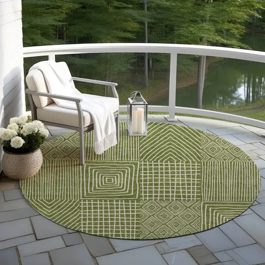 8' Olive Green And Beige Round Geometric Washable Indoor Outdoor Area Rug Photo 7