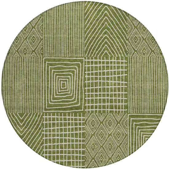 8' Olive Green And Beige Round Geometric Washable Indoor Outdoor Area Rug Photo 2