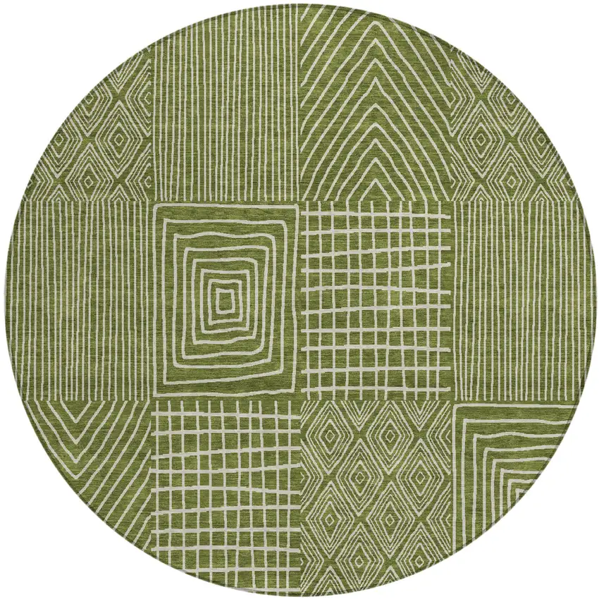 8' Olive Green And Beige Round Geometric Washable Indoor Outdoor Area Rug Photo 2
