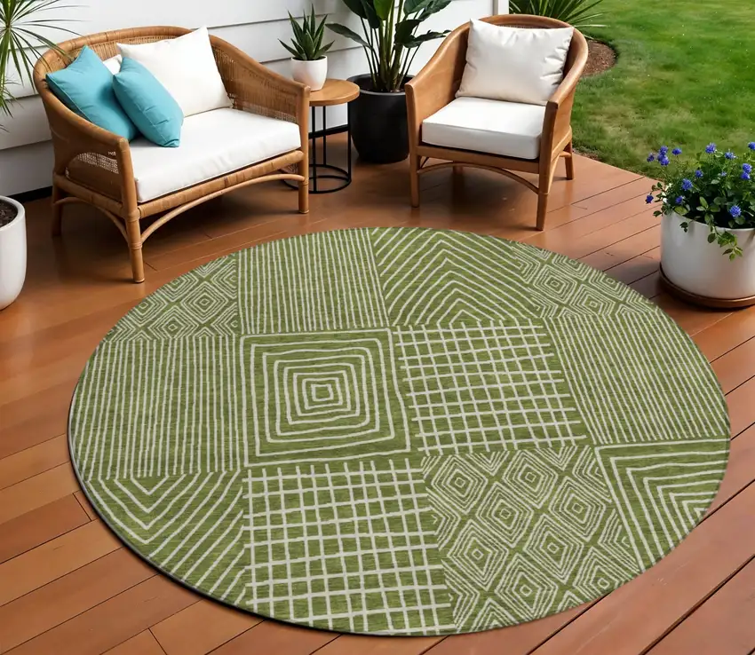 8' Olive Green And Beige Round Geometric Washable Indoor Outdoor Area Rug Photo 1