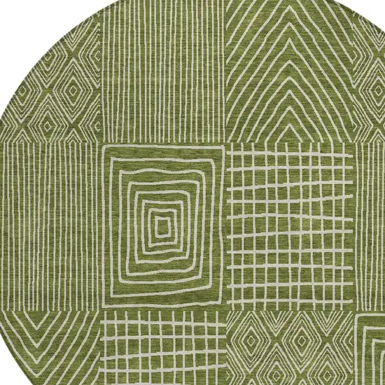 8' Olive Green And Beige Round Geometric Washable Indoor Outdoor Area Rug Photo 5