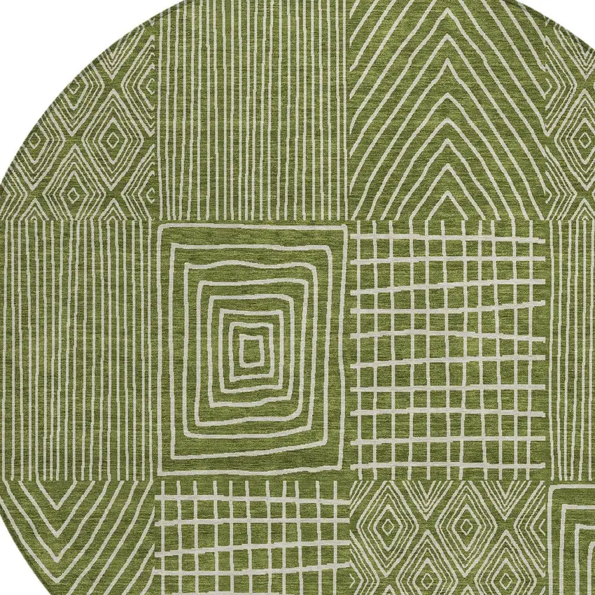 8' Olive Green And Beige Round Geometric Washable Indoor Outdoor Area Rug Photo 5