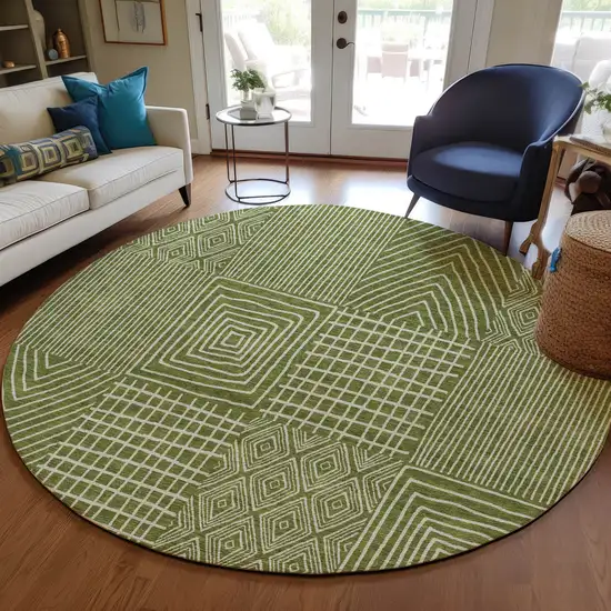 8' Olive Green And Beige Round Geometric Washable Indoor Outdoor Area Rug Photo 8