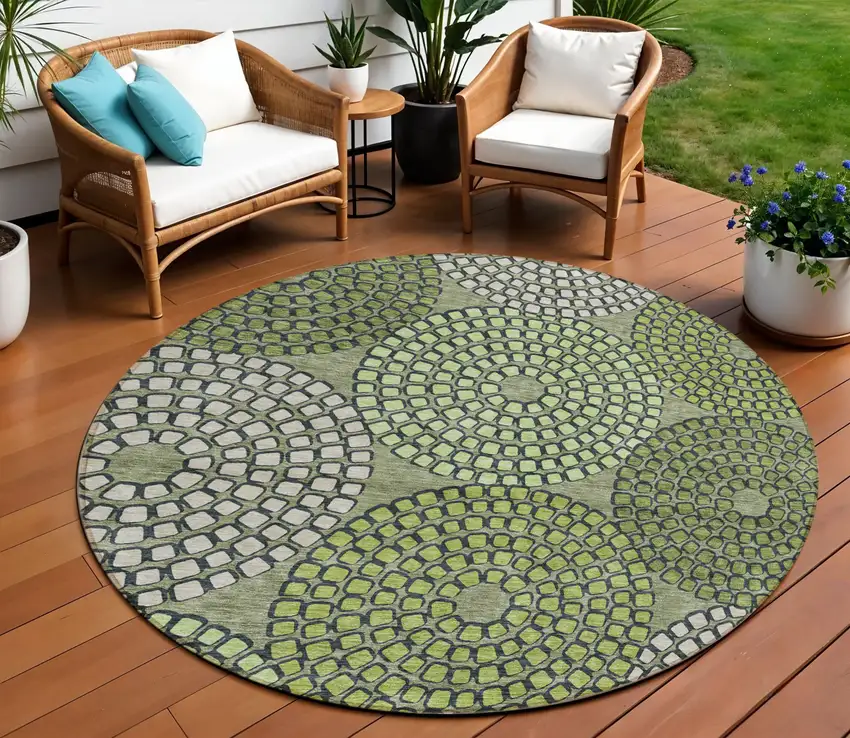 8' Olive Green And Beige Round Geometric Washable Indoor Outdoor Area Rug Photo 1