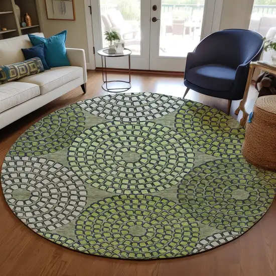 8' Olive Green And Beige Round Geometric Washable Indoor Outdoor Area Rug Photo 8