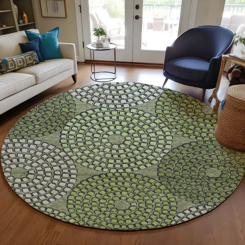 8' Olive Green And Beige Round Geometric Washable Indoor Outdoor Area Rug Photo 8