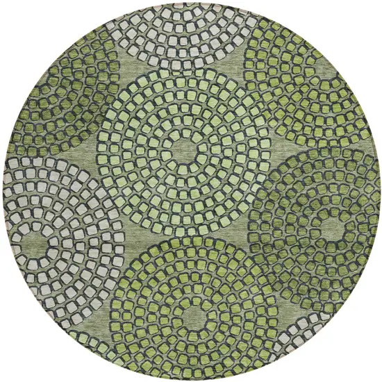 8' Olive Green And Beige Round Geometric Washable Indoor Outdoor Area Rug Photo 2