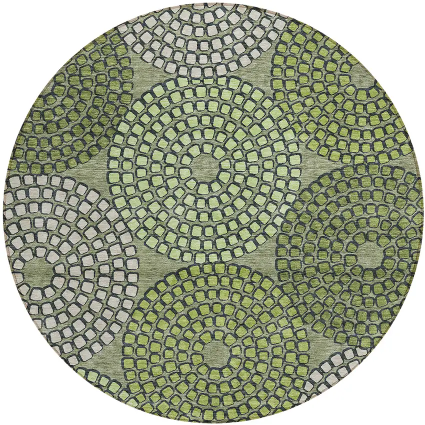 8' Olive Green And Beige Round Geometric Washable Indoor Outdoor Area Rug Photo 2