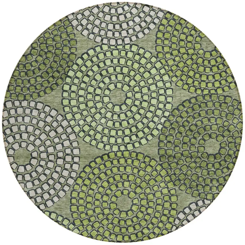 8' Olive Green And Beige Round Geometric Washable Indoor Outdoor Area Rug Photo 6