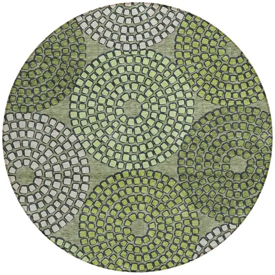 8' Olive Green And Beige Round Geometric Washable Indoor Outdoor Area Rug Photo 6