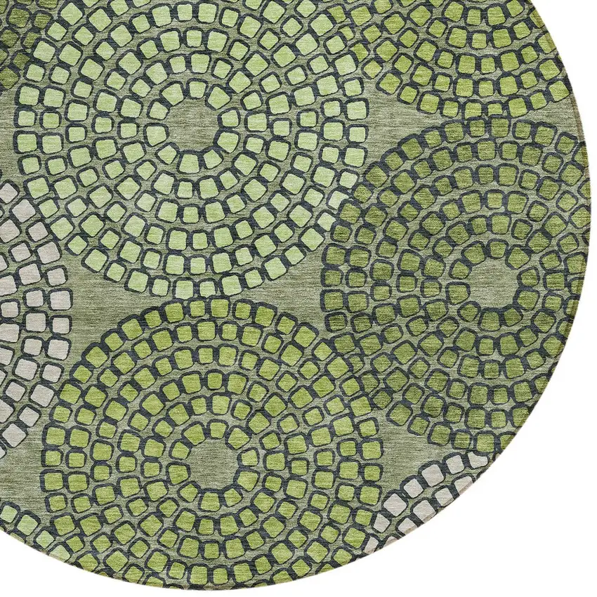 8' Olive Green And Beige Round Geometric Washable Indoor Outdoor Area Rug Photo 4