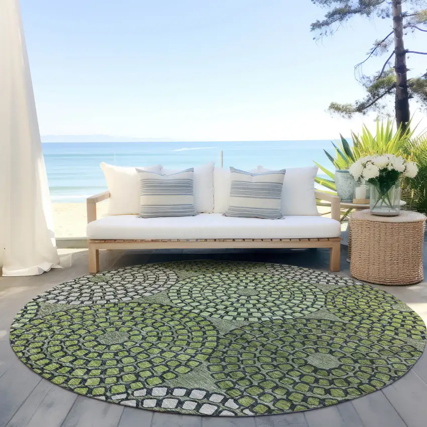 8' Olive Green And Beige Round Geometric Washable Indoor Outdoor Area Rug Photo 7