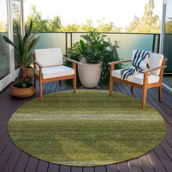 8' Olive Green And Beige Round Striped Washable Indoor Outdoor Area Rug Photo 6