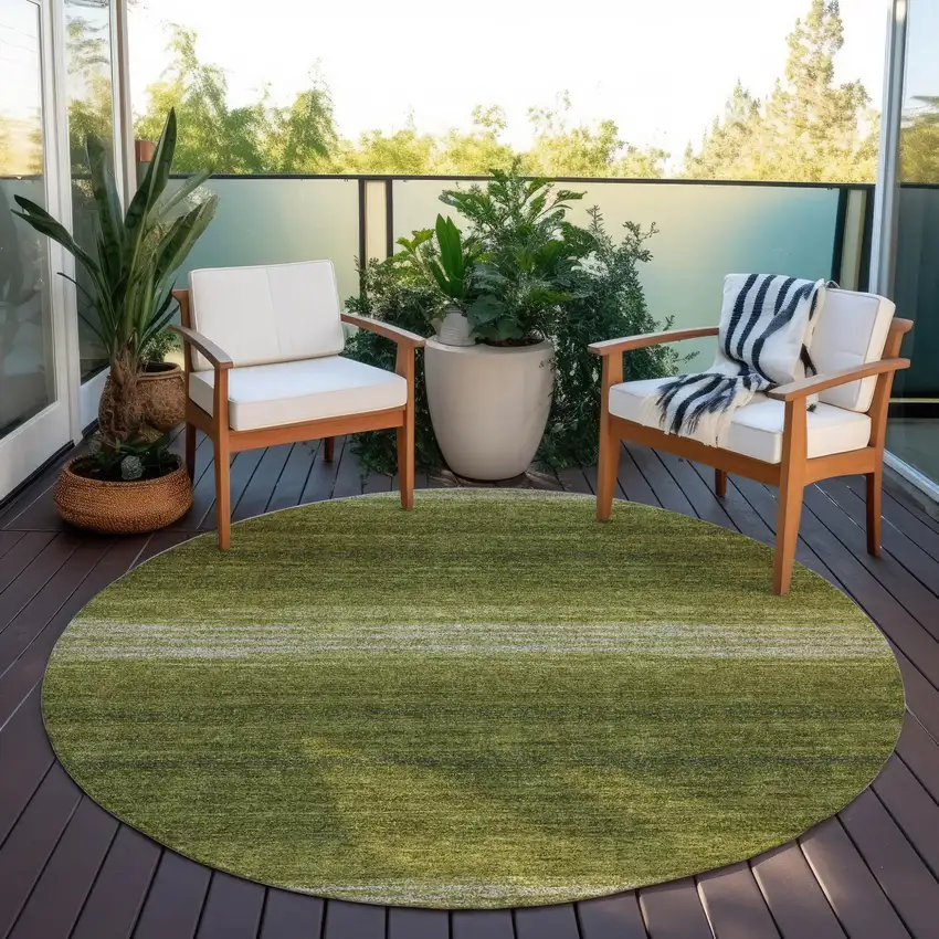 8' Olive Green And Beige Round Striped Washable Indoor Outdoor Area Rug Photo 6