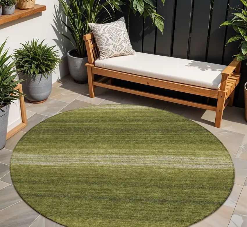 8' Olive Green And Beige Round Striped Washable Indoor Outdoor Area Rug Photo 1