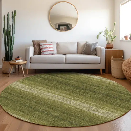 8' Olive Green And Beige Round Striped Washable Indoor Outdoor Area Rug Photo 7