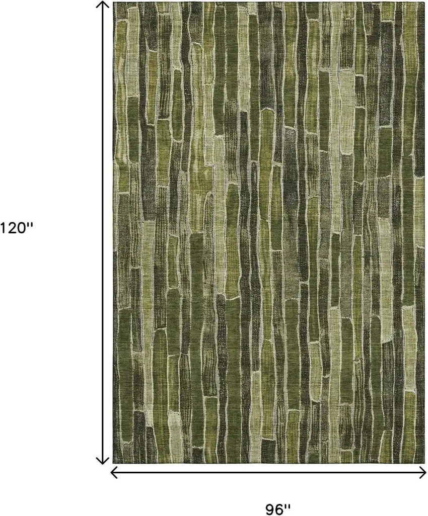 8' Olive Green And Beige Striped Washable Area Rug With UV Protection Photo 6