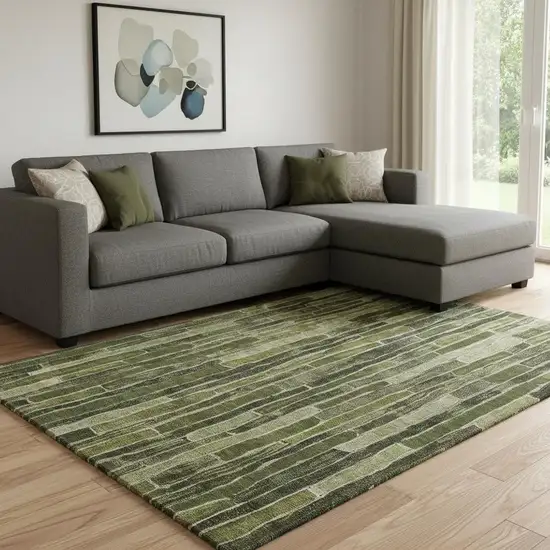 8' Olive Green And Beige Striped Washable Area Rug With UV Protection Photo 2