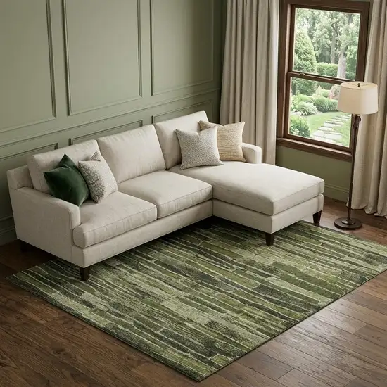8' Olive Green And Beige Striped Washable Area Rug With UV Protection Photo 1