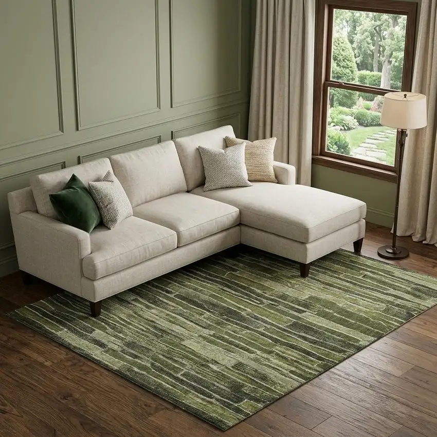 8' Olive Green And Beige Striped Washable Area Rug With UV Protection Photo 1