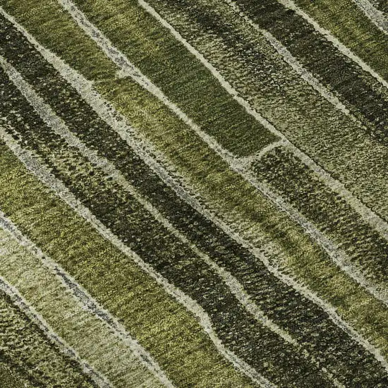 8' Olive Green And Beige Striped Washable Area Rug With UV Protection Photo 9