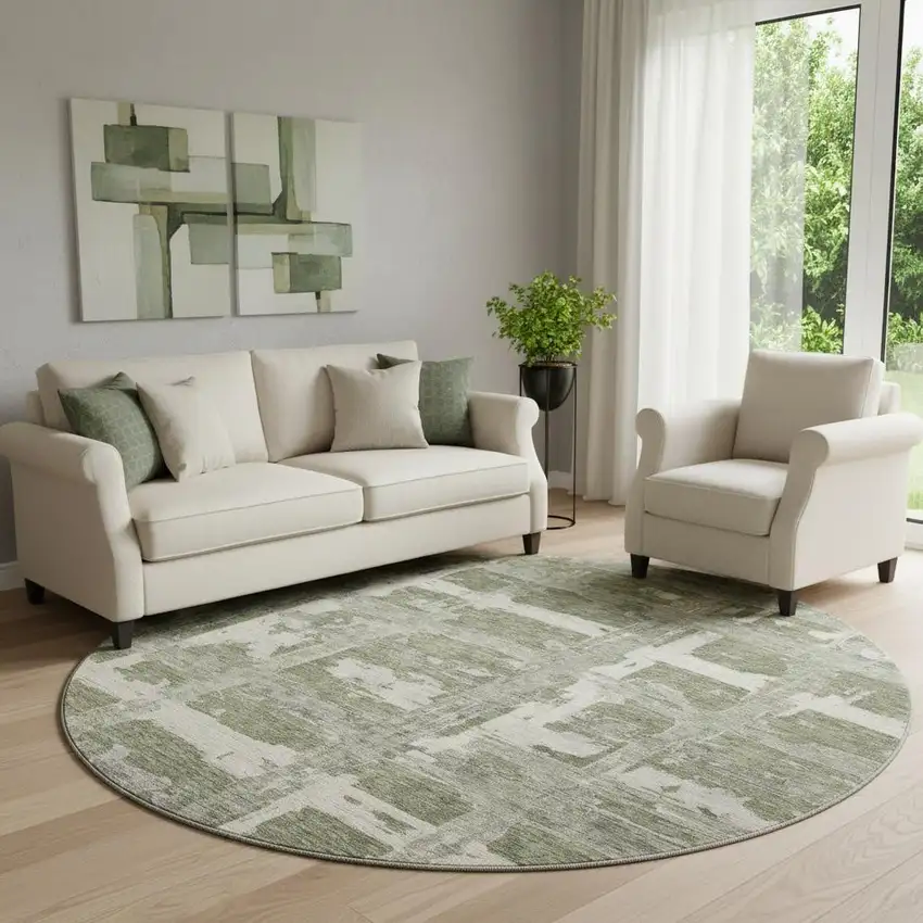 8' Olive Green And Beige Striped Washable Round Rug With UV Protection Photo 1