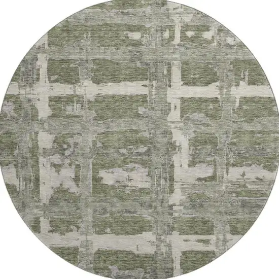 8' Olive Green And Beige Striped Washable Round Rug With UV Protection Photo 3