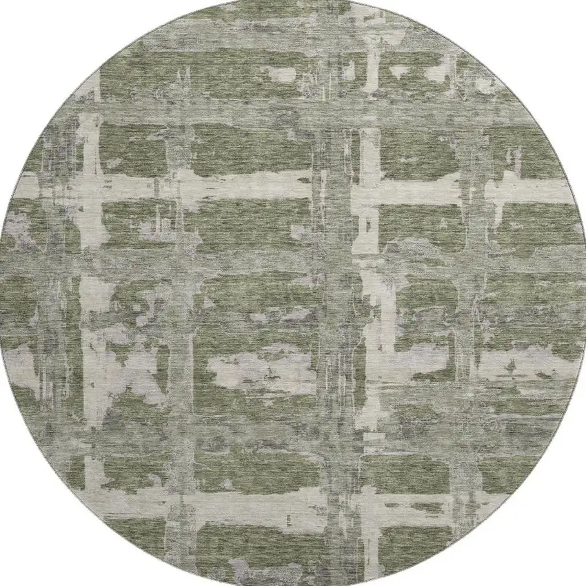 8' Olive Green And Beige Striped Washable Round Rug With UV Protection Photo 3