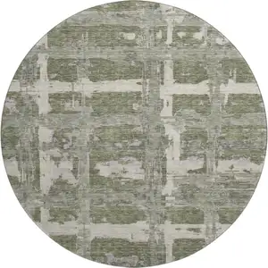Photo of 8' Olive Green And Beige Striped Washable Round Rug With UV Protection