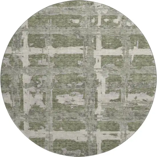 8' Olive Green And Beige Striped Washable Round Rug With UV Protection Photo 1