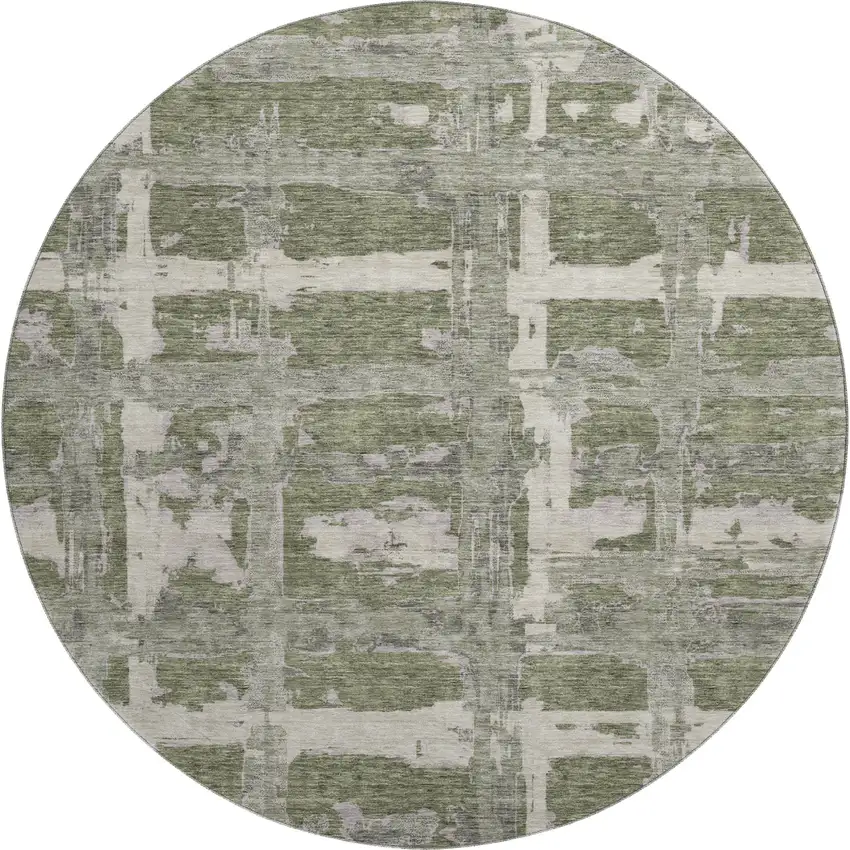 8' Olive Green And Beige Striped Washable Round Rug With UV Protection Photo 1