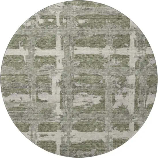 8' Olive Green And Beige Striped Washable Round Rug With UV Protection Photo 4