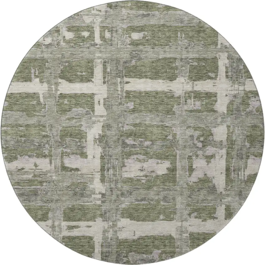 8' Olive Green And Beige Striped Washable Round Rug With UV Protection Photo 4