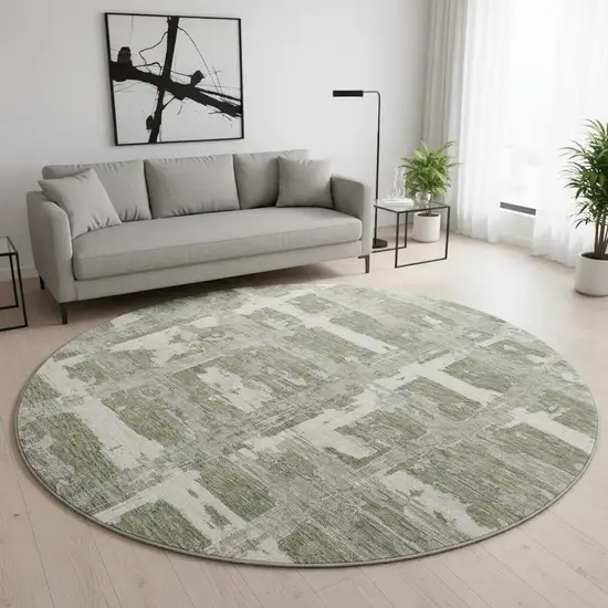 8' Olive Green And Beige Striped Washable Round Rug With UV Protection Photo 2