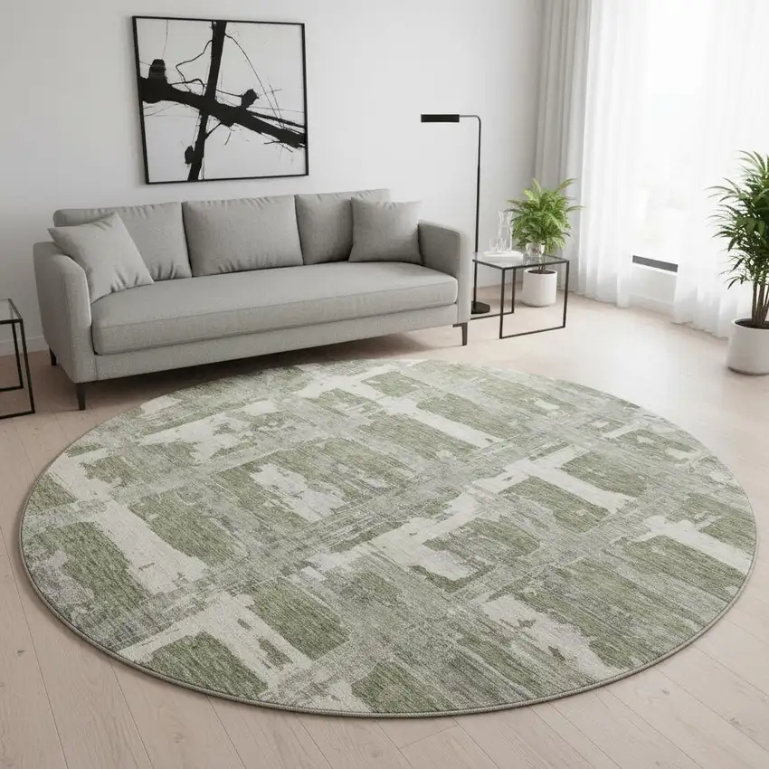 8' Olive Green And Beige Striped Washable Round Rug With UV Protection Photo 2