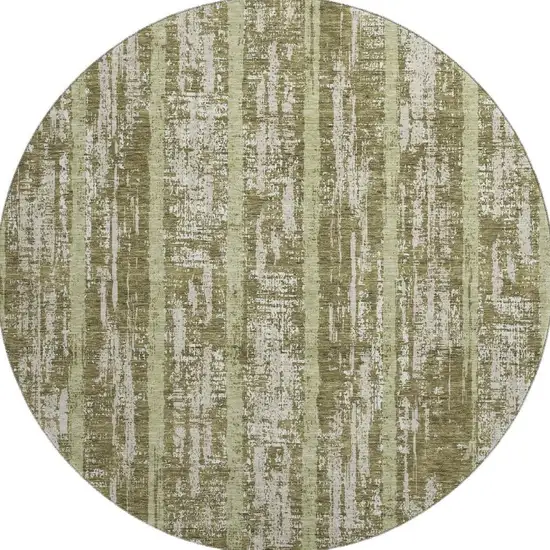 8' Olive Green And Beige Striped Washable Round Rug With UV Protection Photo 3