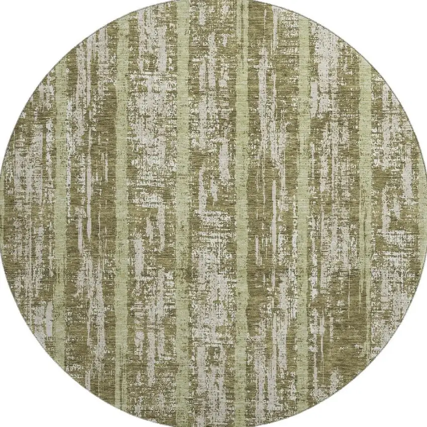 8' Olive Green And Beige Striped Washable Round Rug With UV Protection Photo 3