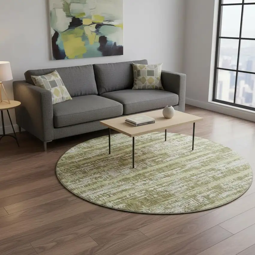 8' Olive Green And Beige Striped Washable Round Rug With UV Protection Photo 2