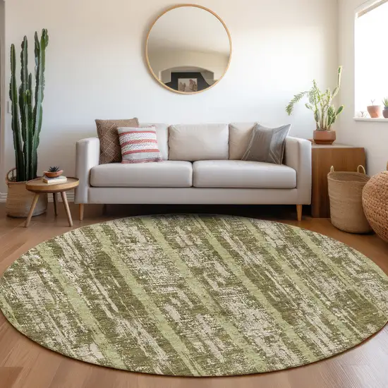 8' Olive Green And Beige Striped Washable Round Rug With UV Protection Photo 5