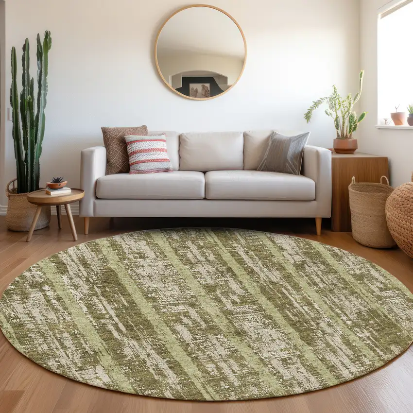 8' Olive Green And Beige Striped Washable Round Rug With UV Protection Photo 5
