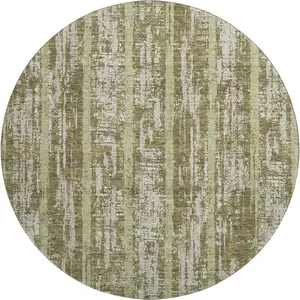 Photo of 8' Olive Green And Beige Striped Washable Round Rug With UV Protection