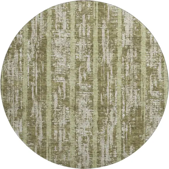 8' Olive Green And Beige Striped Washable Round Rug With UV Protection Photo 1
