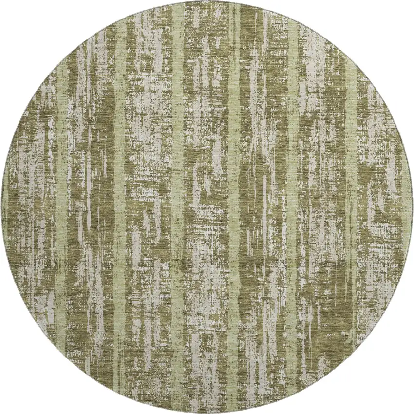 8' Olive Green And Beige Striped Washable Round Rug With UV Protection Photo 1