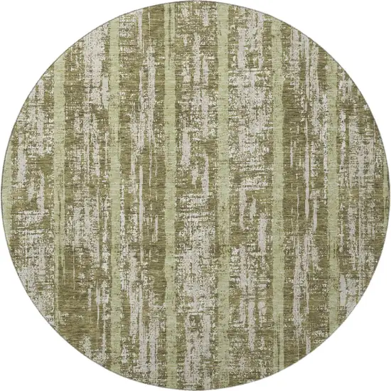 8' Olive Green And Beige Striped Washable Round Rug With UV Protection Photo 4