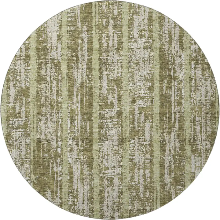 8' Olive Green And Beige Striped Washable Round Rug With UV Protection Photo 4