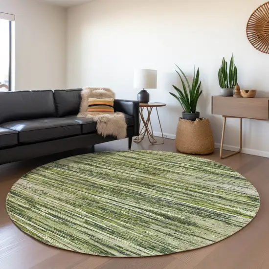 8' Olive Green And Beige Striped Washable Round Rug With UV Protection Photo 5